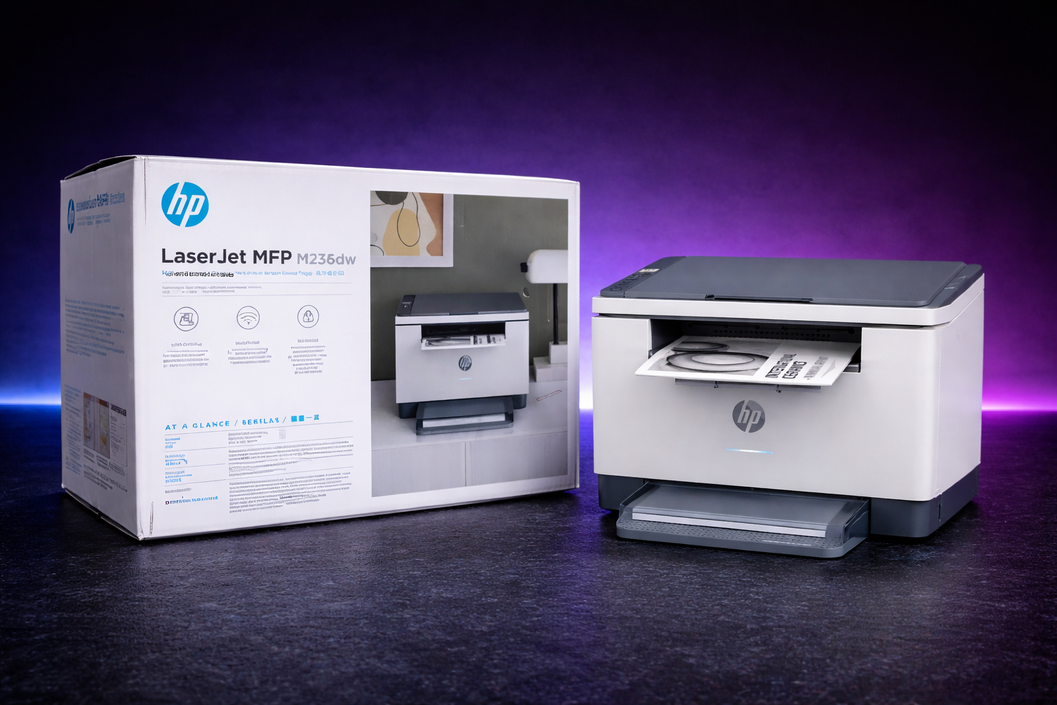 HP LASERJET MFP M236DW |  fast auto-duplex printing up to 29 ppm (A4), 40-sheet ADF, and robust mobile printing via the HP Smart app.